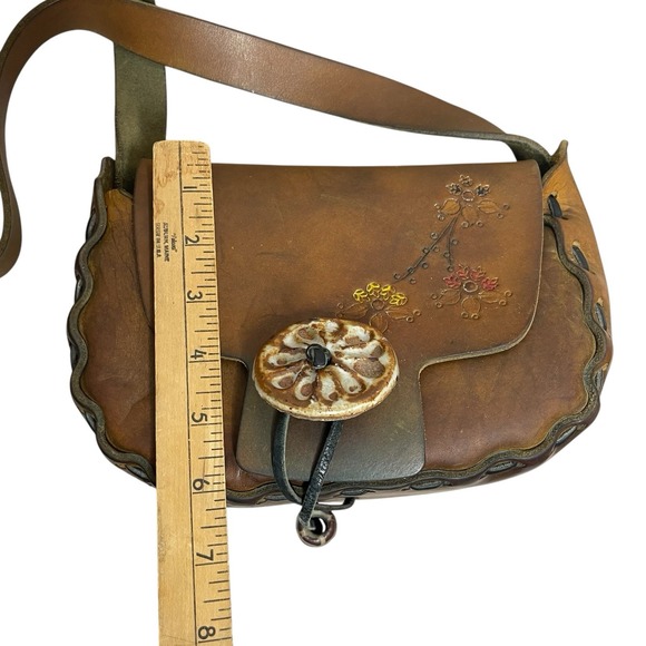 1960s/70s Vintage Hand Tooled Leather & Painted Flower Shoulder Bag Purse Boho - Picture 11 of 12